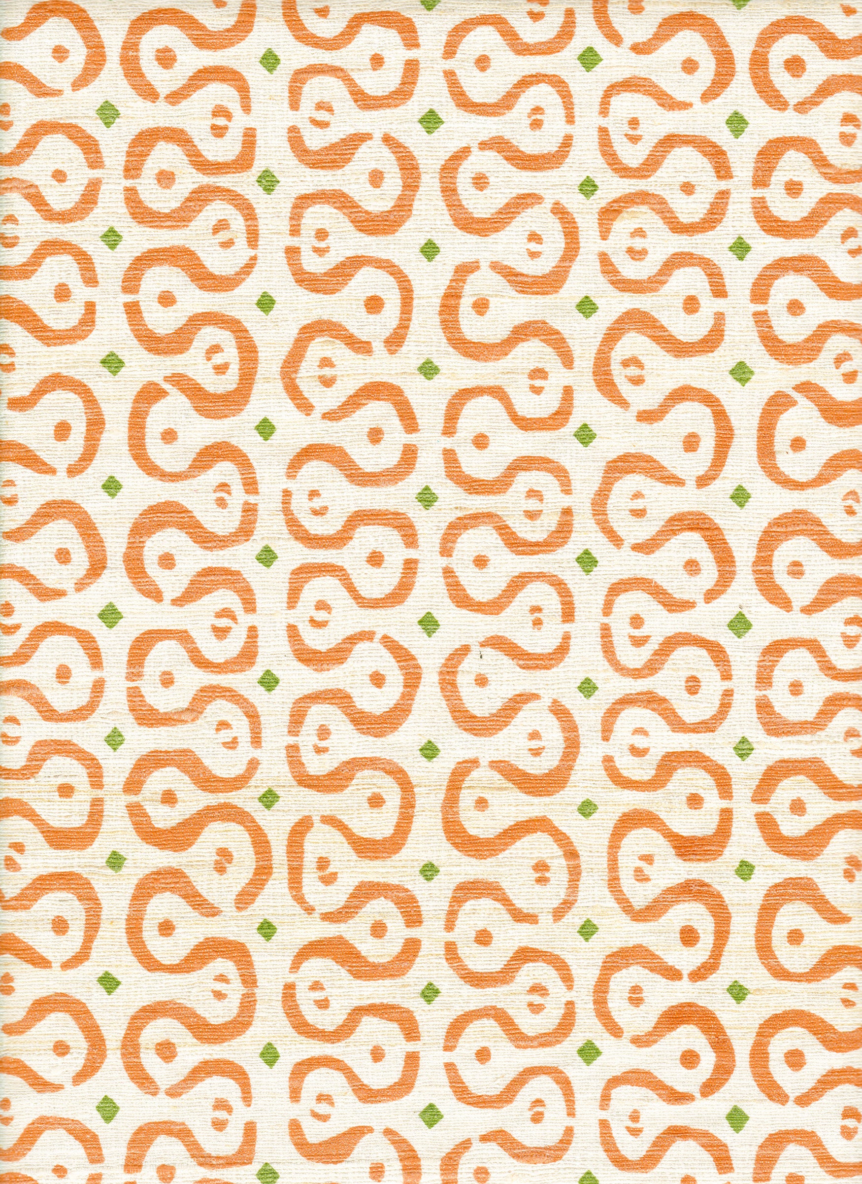 Detail of fabric in a curvilinear stripe pattern in orange and green on a cream field.