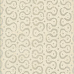 Detail of wallpaper in a curvilinear stripe pattern in gray on a cream field.