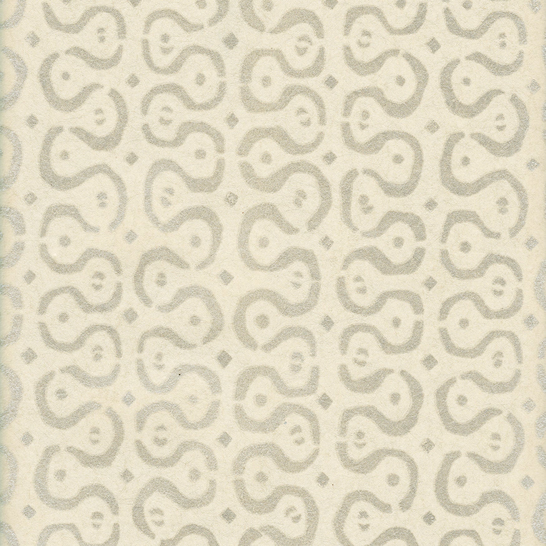 Detail of wallpaper in a curvilinear stripe pattern in gray on a cream field.