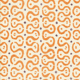 Detail of wallpaper in a curvilinear stripe pattern in orange and purple on a cream field.