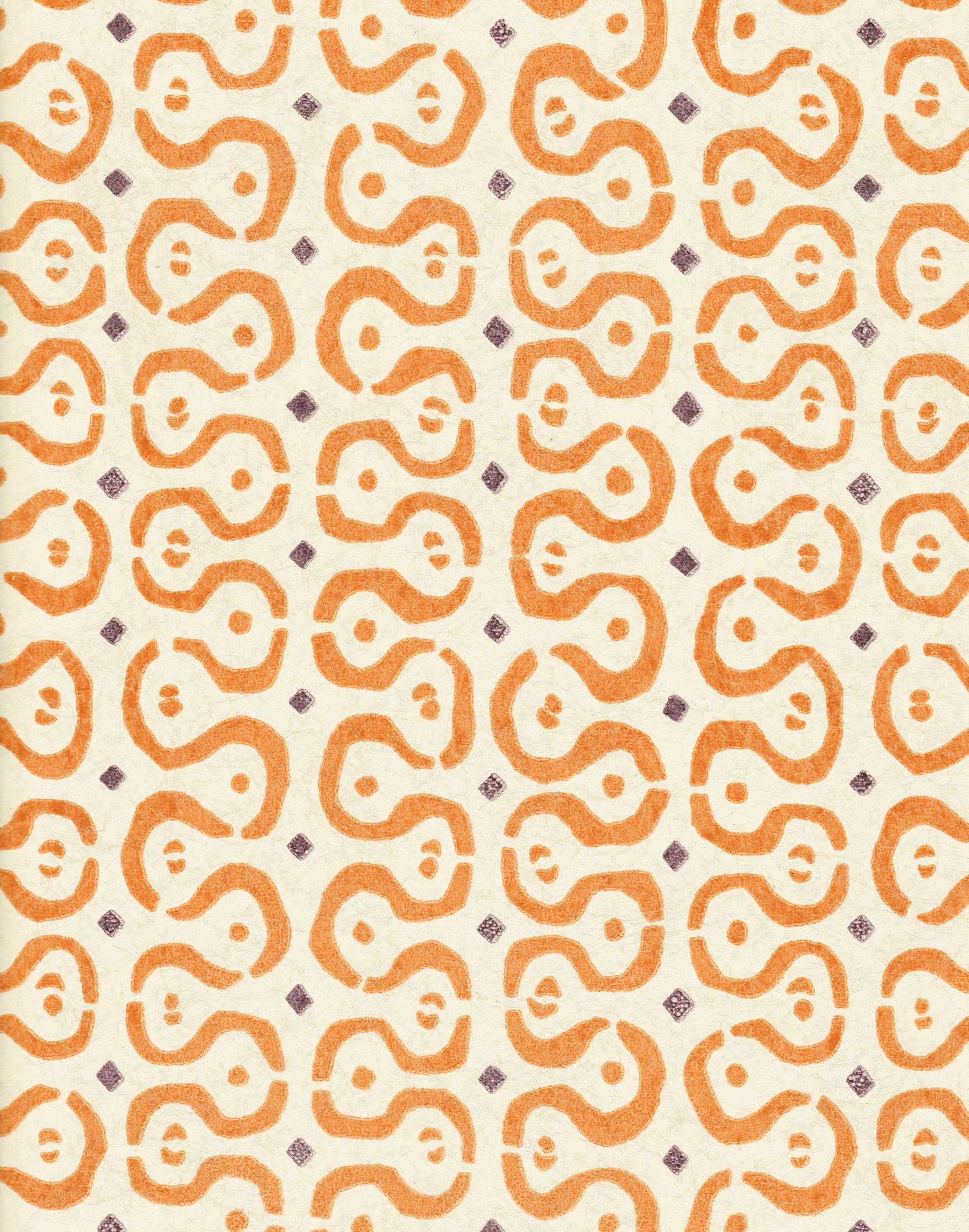 Detail of wallpaper in a curvilinear stripe pattern in orange and purple on a cream field.