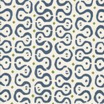 Detail of fabric in a curvilinear stripe pattern in navy and green on a cream field.