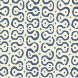 Detail of fabric in a curvilinear stripe pattern in navy and green on a cream field.