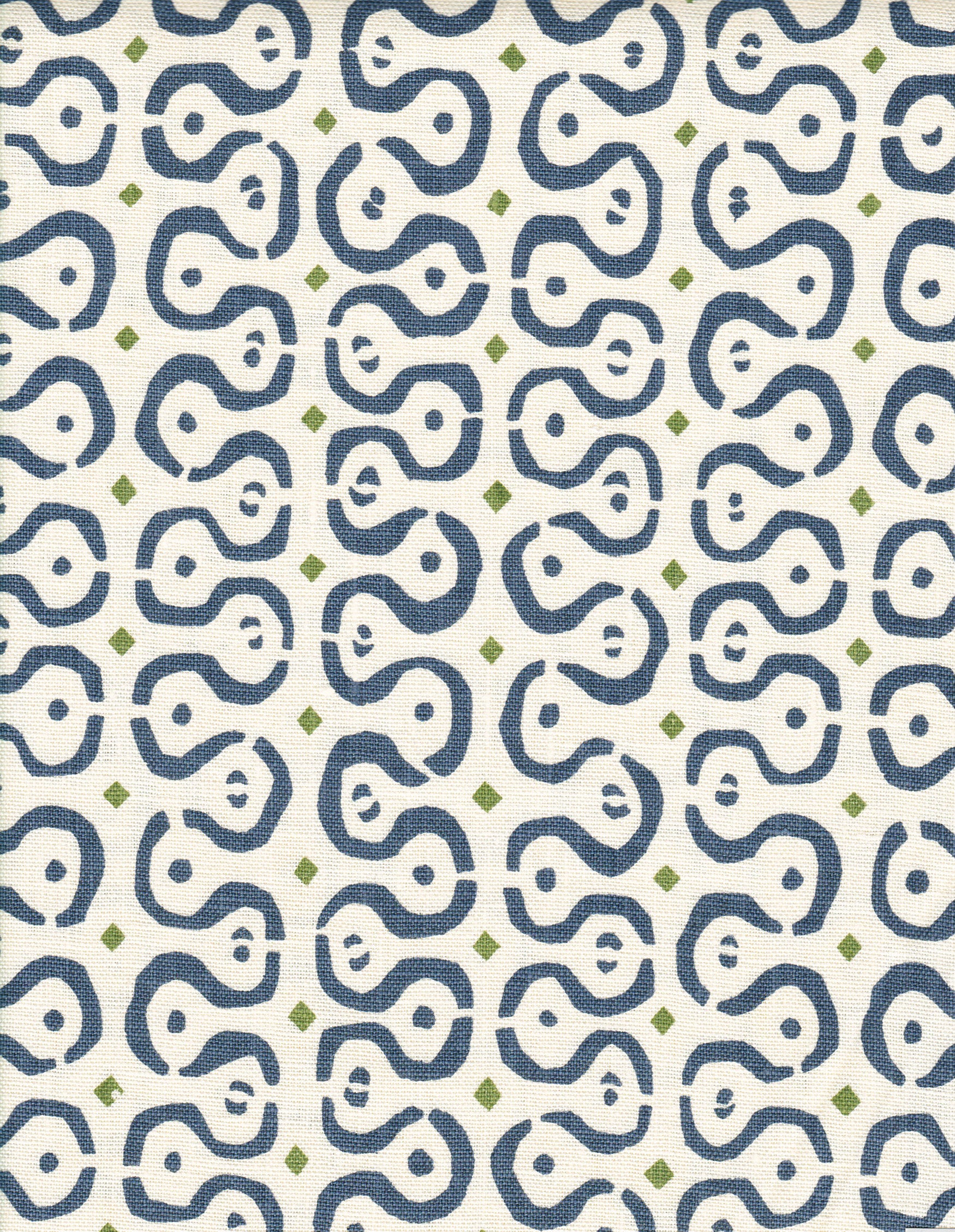 Detail of fabric in a curvilinear stripe pattern in navy and green on a cream field.