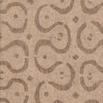 Detail of wallpaper in a curvilinear stripe pattern in brown on a light brown field.