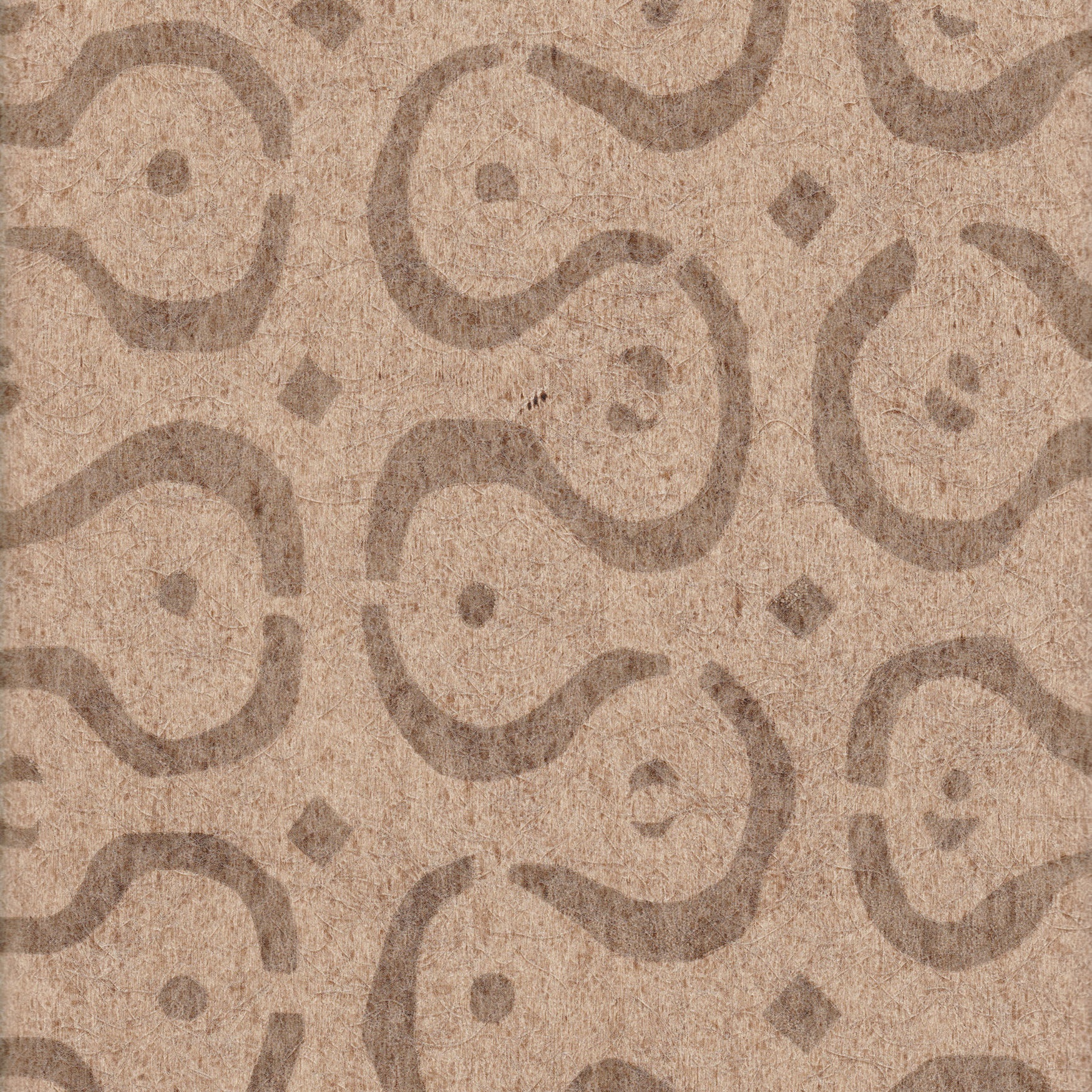 Detail of wallpaper in a curvilinear stripe pattern in brown on a light brown field.