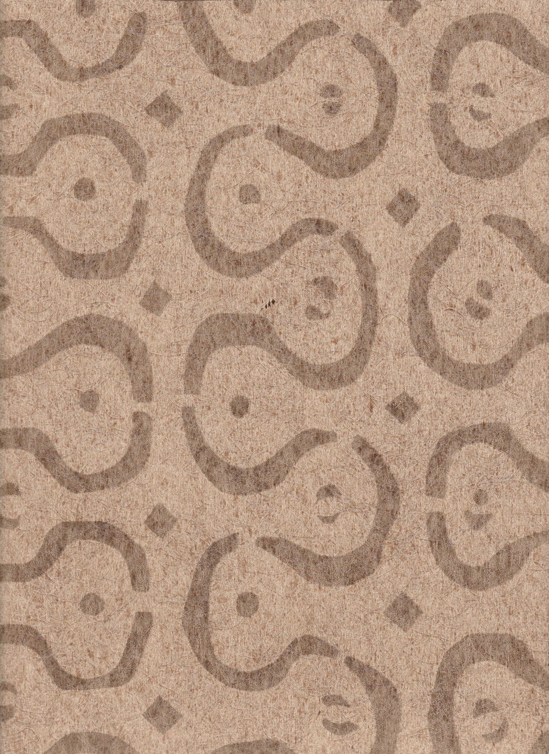 Detail of wallpaper in a curvilinear stripe pattern in brown on a light brown field.