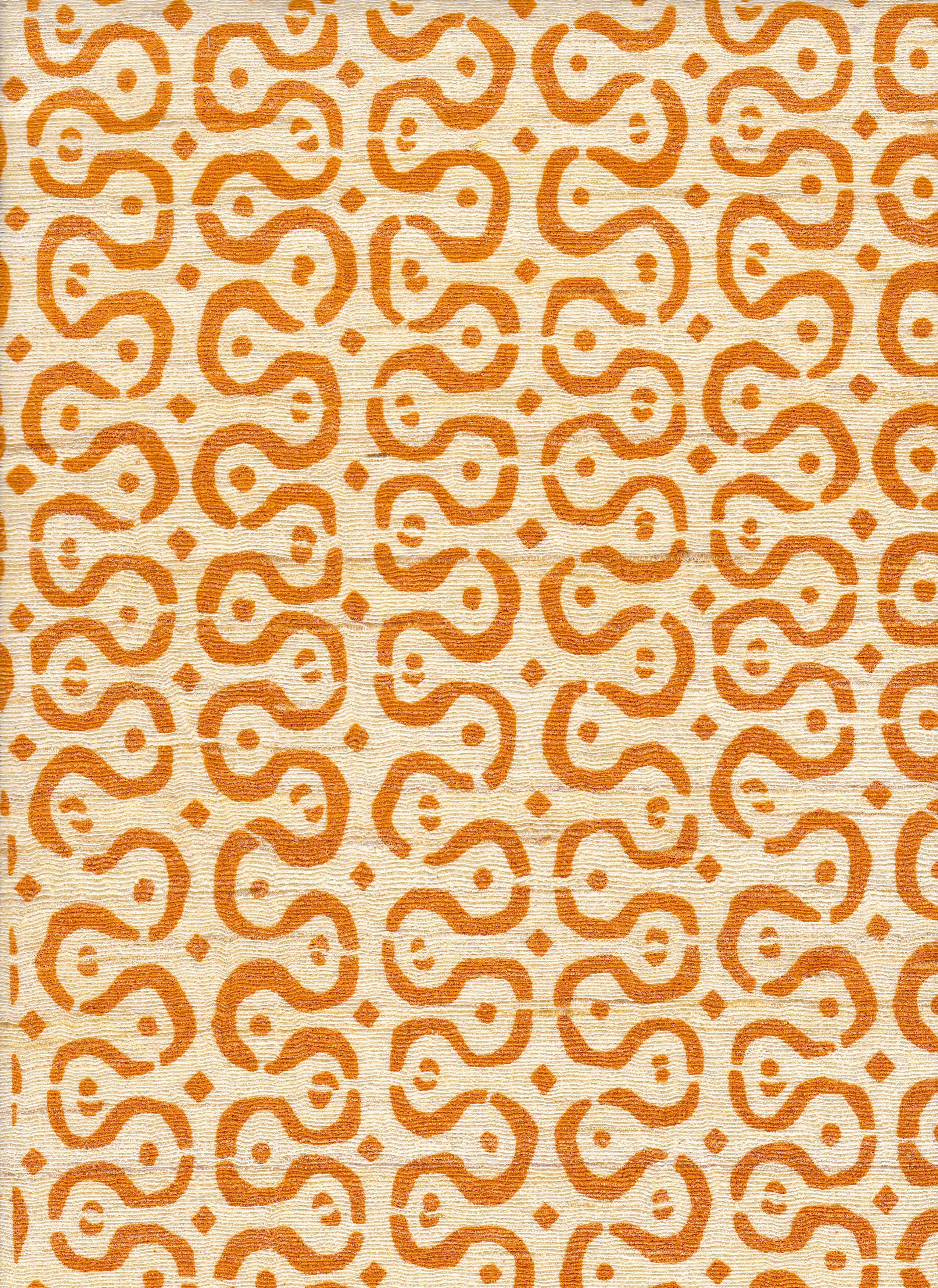 Detail of fabric in a curvilinear stripe pattern in orange on a cream field.