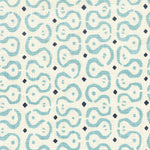 Detail of fabric in a curvilinear stripe pattern in blue and navy on a cream field.