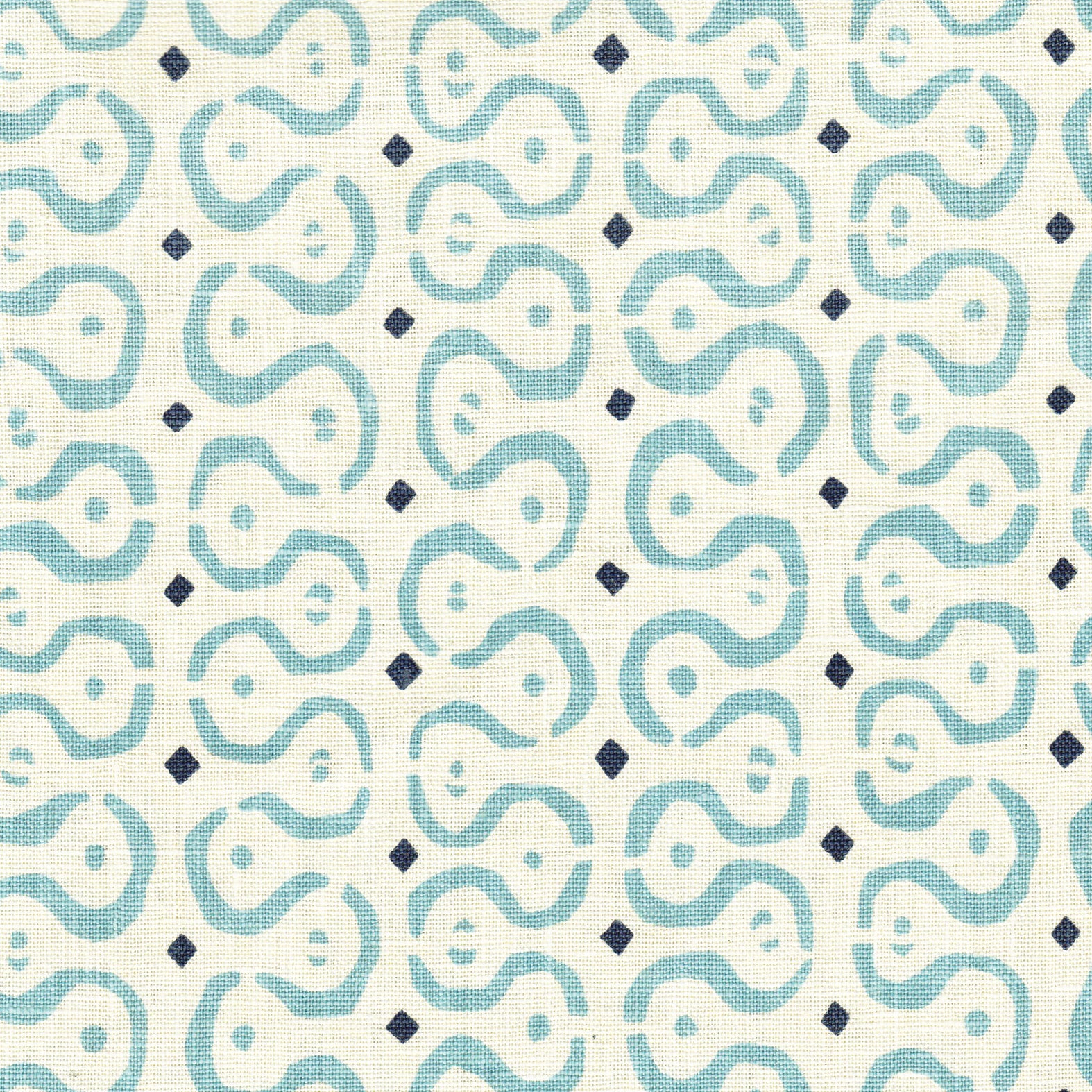 Detail of fabric in a curvilinear stripe pattern in blue and navy on a cream field.