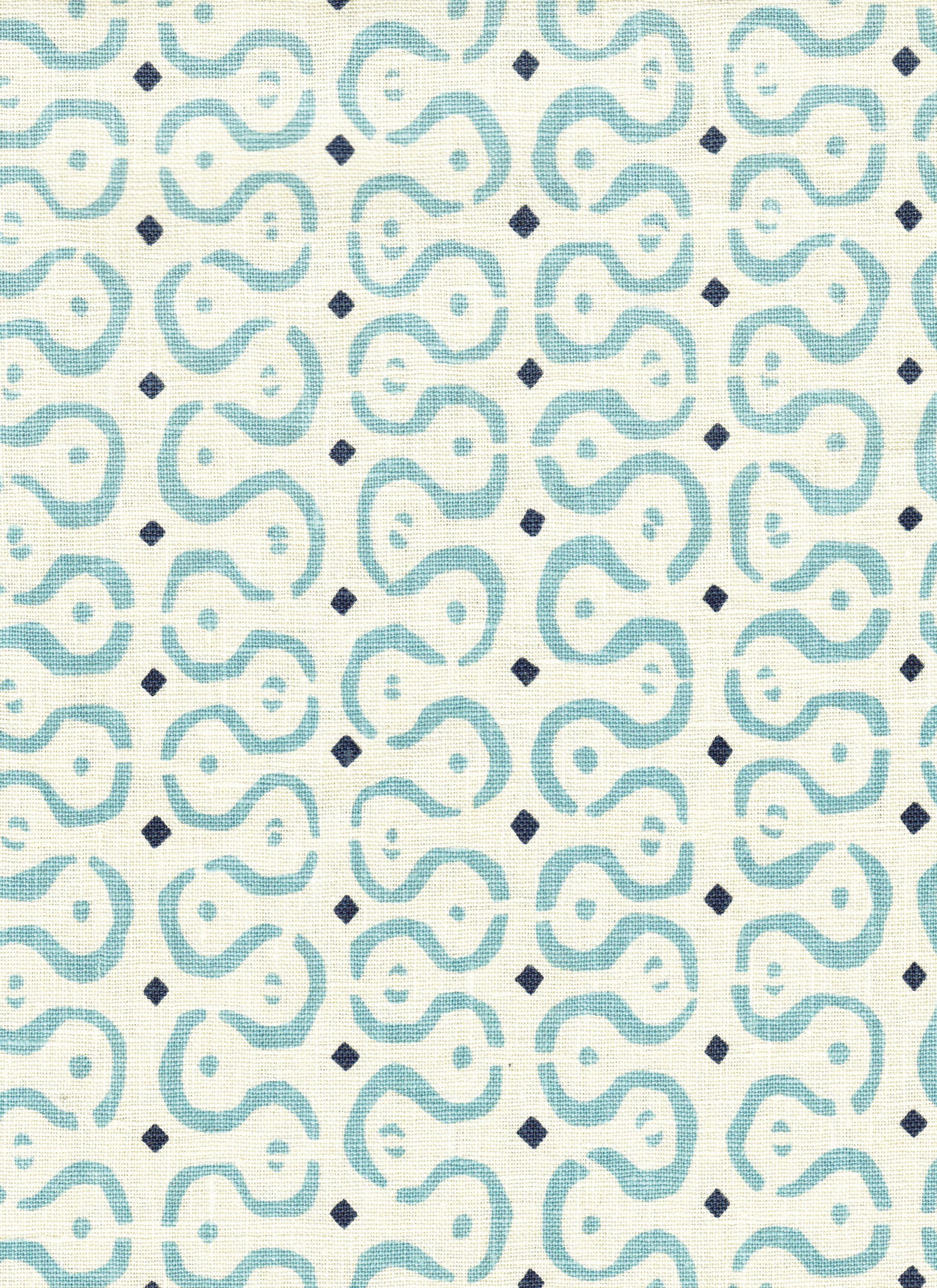 Detail of fabric in a curvilinear stripe pattern in blue and navy on a cream field.