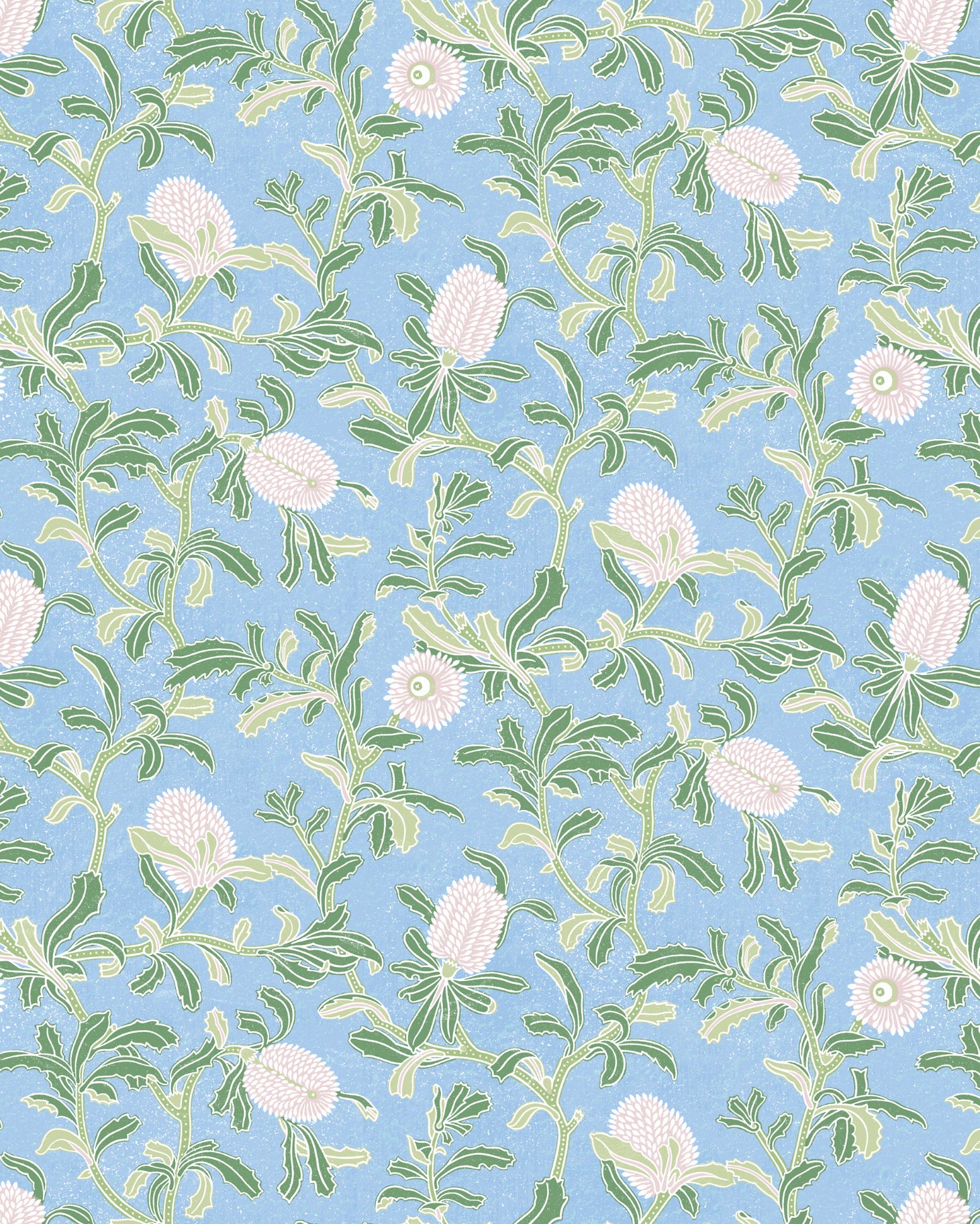 Detail of wallpaper in a floral print in shades of white and green on a light blue field.