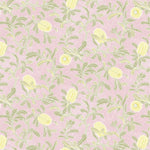 Detail of wallpaper in a floral print in shades of yellow and green on a light pink field.