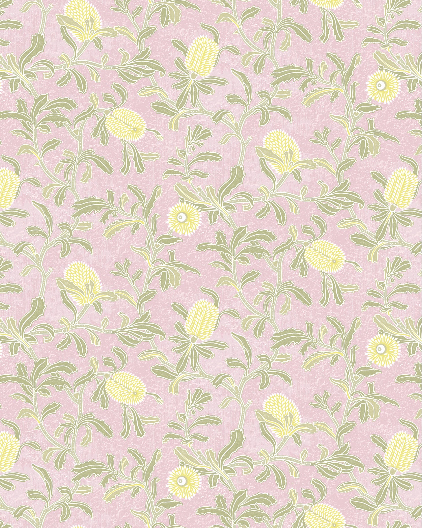 Detail of wallpaper in a floral print in shades of yellow and green on a light pink field.