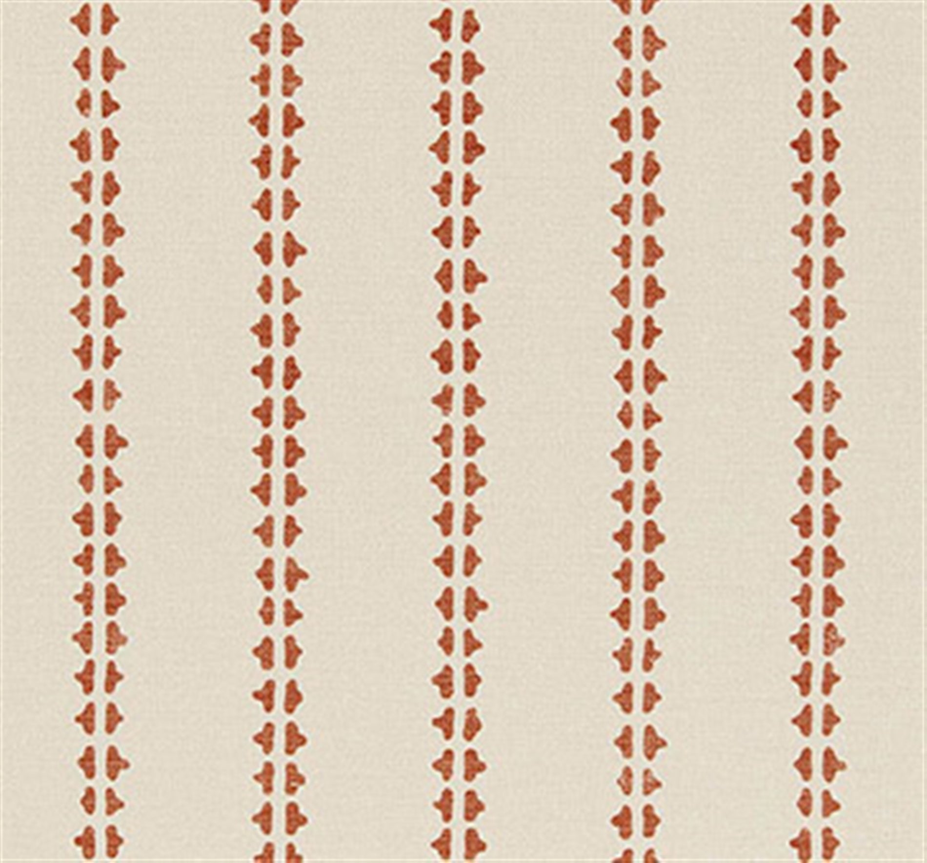 Detail of fabric in a playful ticking stripe print in burnt orange on a cream field.