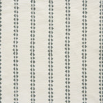 Detail of fabric in a playful ticking stripe print in gray on a cream field.