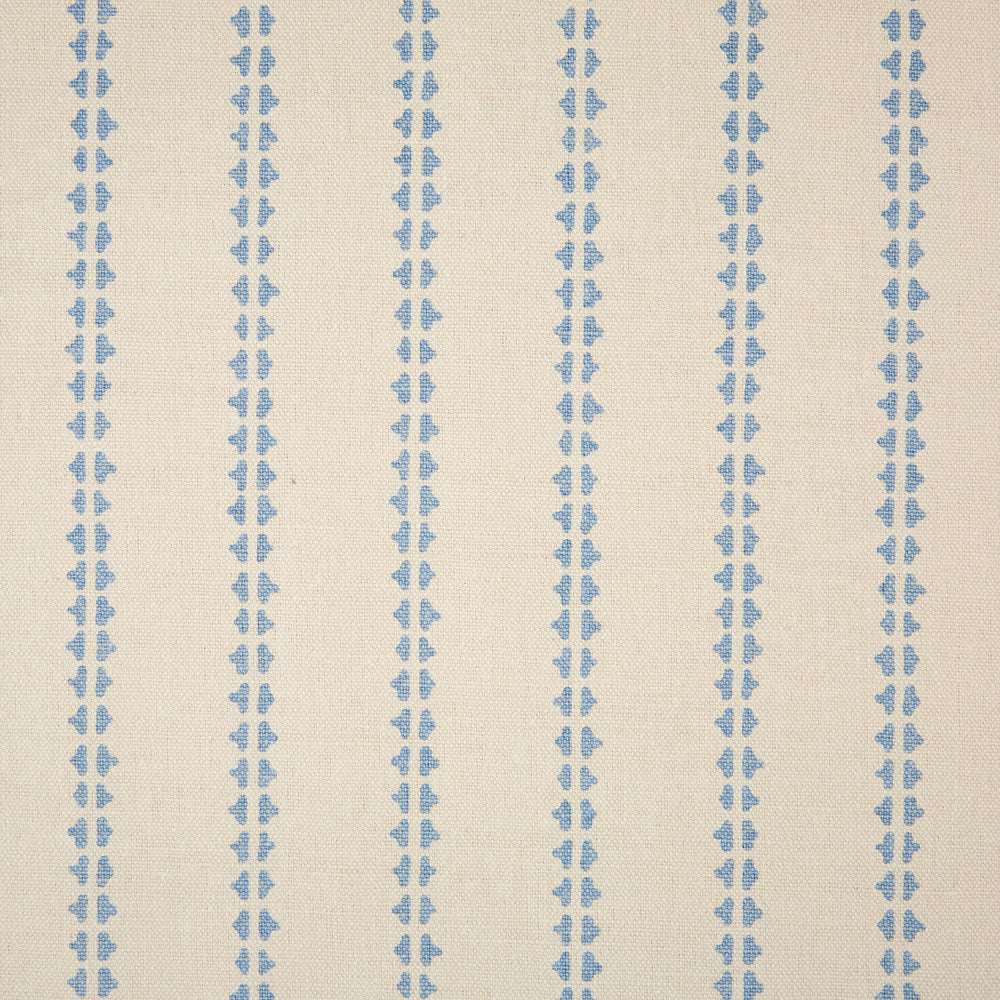 Detail of fabric in a playful ticking stripe print in light blue on a tan field.