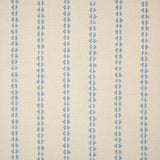 Detail of fabric in a playful ticking stripe print in light blue on a tan field.