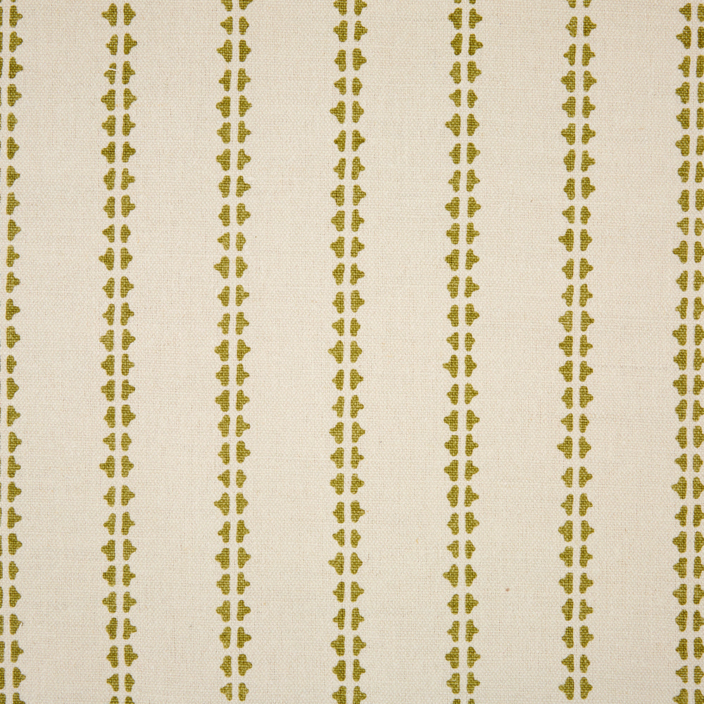 Detail of fabric in a playful ticking stripe print in olive on a cream field.