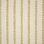 Detail of fabric in a playful ticking stripe print in olive on a cream field.