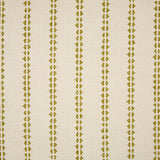 Detail of fabric in a playful ticking stripe print in olive on a cream field.