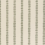 Detail of fabric in a playful ticking stripe print in dark green on a cream field.