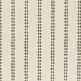 Detail of fabric in a playful ticking stripe print in dark green on a cream field.