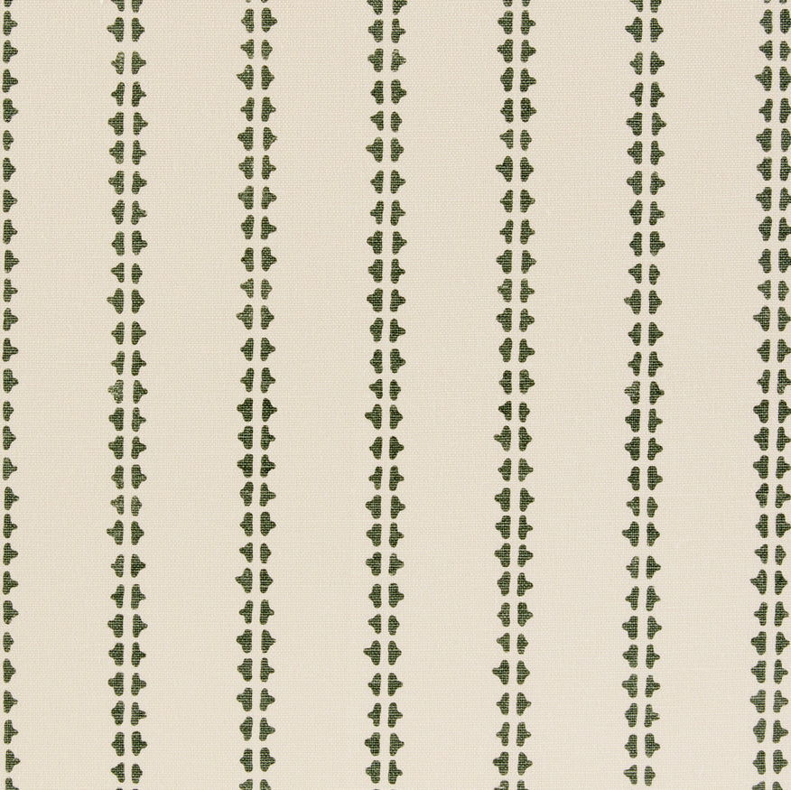 Detail of fabric in a playful ticking stripe print in dark green on a cream field.