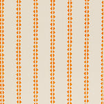 Detail of fabric in a playful ticking stripe print in orange on a cream field.