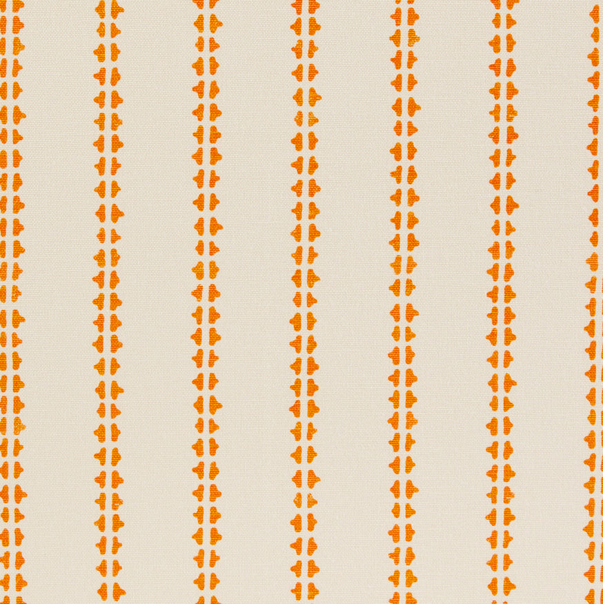 Detail of fabric in a playful ticking stripe print in orange on a cream field.