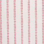 Detail of fabric in a playful ticking stripe print in pink on a white field.