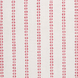 Detail of fabric in a playful ticking stripe print in pink on a white field.