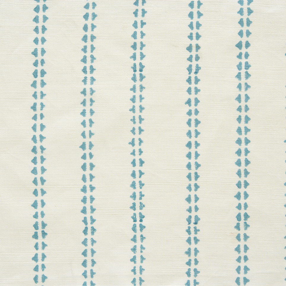 Detail of fabric in a playful ticking stripe print in turquoise on a cream field.