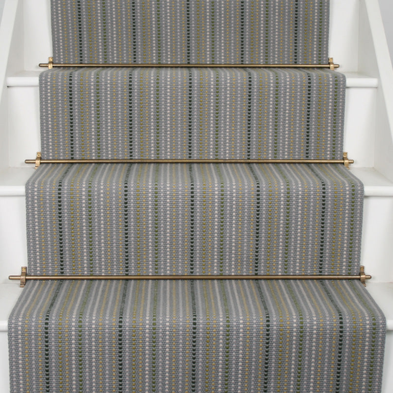 Striped flatweave runner in blue green and grey on white staircase