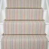 Striped flatweave runner in cream and blue green and pink on white staircase