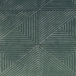 Detail of leather wall tiles in an angular geometric pattern in teal and off white.