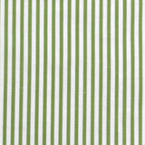 Detail of fabric in a small-scale stripe print in green on a white field.