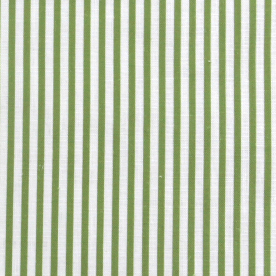 Detail of fabric in a small-scale stripe print in green on a white field.