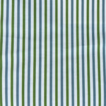 Detail of fabric in a small-scale stripe print in green and blue on a white field.