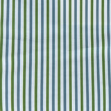 Detail of fabric in a small-scale stripe print in green and blue on a white field.