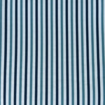 Detail of fabric in a small-scale stripe print in blue and navy on a light blue field.