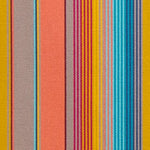 Detail of outdoor fabric in an irregular rainbow stripe print.