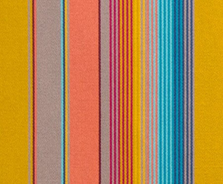 Detail of outdoor fabric in an irregular rainbow stripe print.