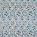 Detail of fabric in a floral damask print in shades of brown, blue and navy on a cream field.