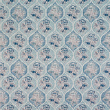 Detail of fabric in a floral damask print in shades of brown, blue and navy on a cream field.