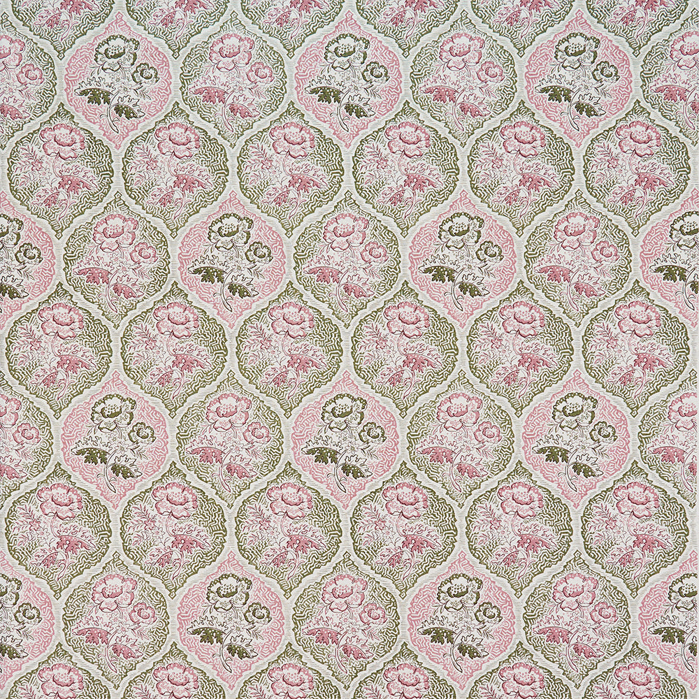 Detail of fabric in a floral damask print in shades of pink and green on a cream field.