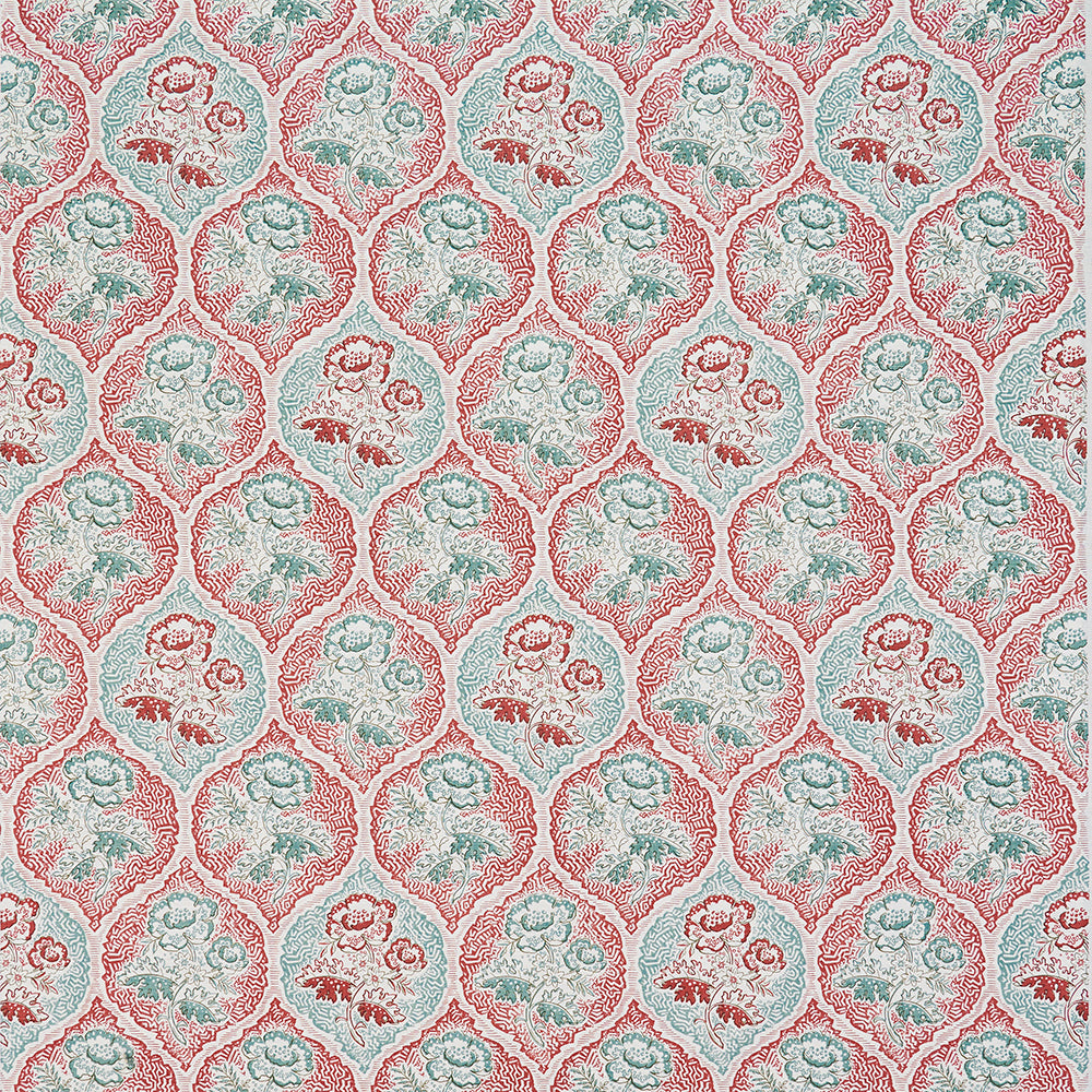 Detail of fabric in a floral damask print in shades of turquoise and red on a cream field.