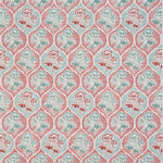 Detail of fabric in a floral damask print in shades of turquoise and red on a cream field.