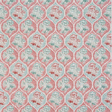 Detail of fabric in a floral damask print in shades of turquoise and red on a cream field.