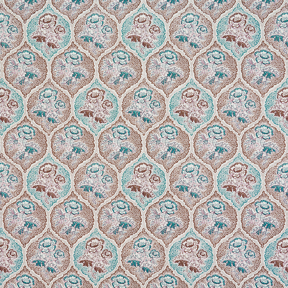 Detail of fabric in a floral damask print in shades of blue and brown on a cream field.
